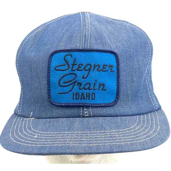 Vintage K-Brand Snapback Trucker Hat Denim Retro Blue Idaho Farming Patch Cap US - Picture 1 of 12